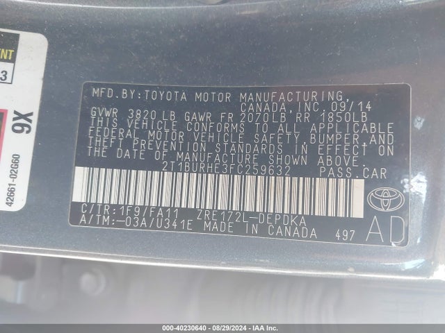 Toyota COROLLA L 2015 2T1BURHE3FC259632 Image 9