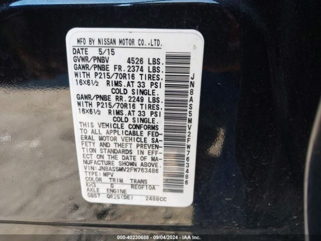 JN8AS5MV2FW763486 Nissan Rogue Select S