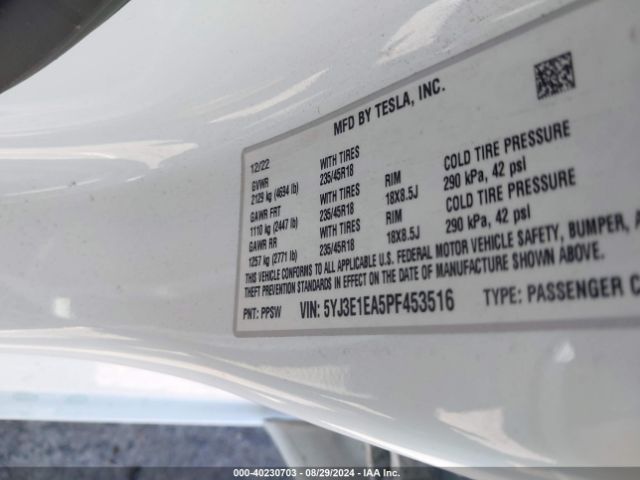 5YJ3E1EA5PF453516 Tesla Model 3 Rear-wheel Drive