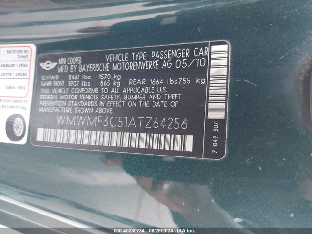 2010 MINI COOPER WMWMF3C51ATZ64256 Photo 8