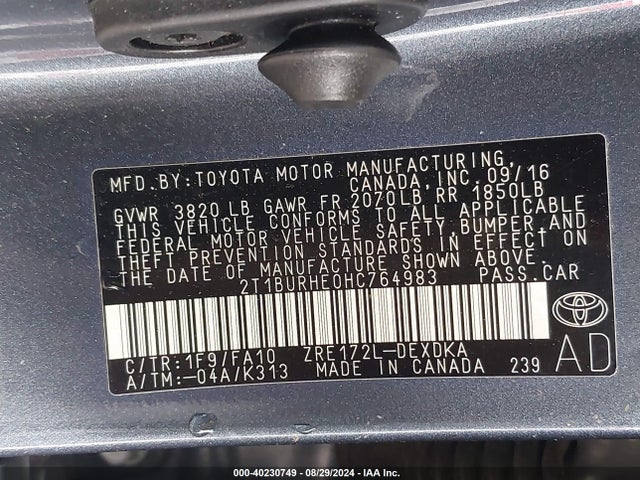 Toyota COROLLA L 2017 2T1BURHE0HC764983 Image 9