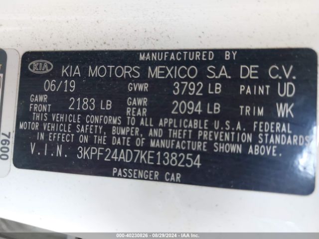 3KPF24AD7KE138254 KIA FORTE FE