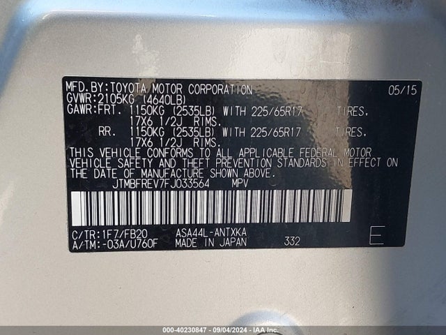 Toyota RAV4 LE 2015 JTMBFREV7FJ033564 Image 9