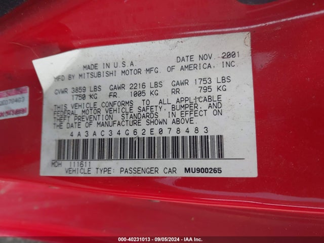 2002 MITSUBISHI ECLIPSE 4A3AC34G62E078483 Photo 8