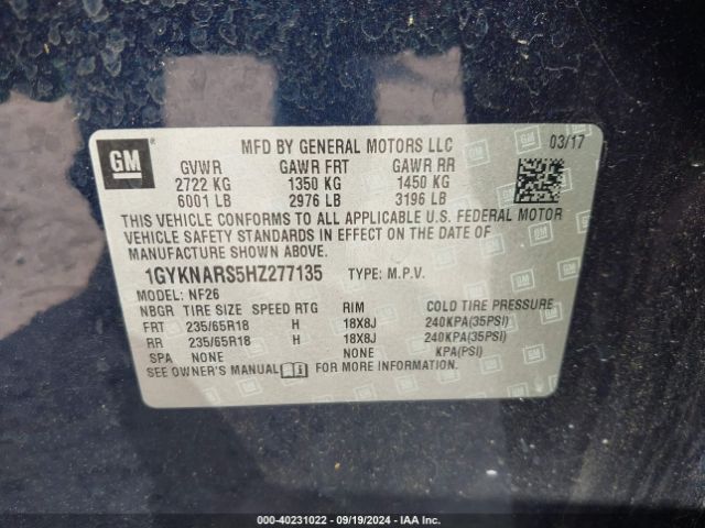 1GYKNARS5HZ277135 Cadillac Xt5 Standard