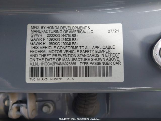 1HGCV2F94MA025355 Honda Accord Touring