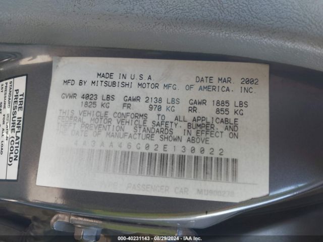 2002 MITSUBISHI GALANT 4A3AA46G02E130022 Photo 8