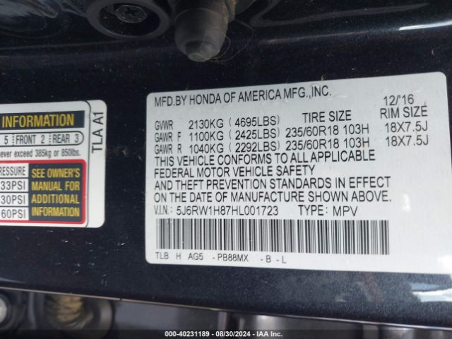 5J6RW1H87HL001723 Honda Cr-v Ex-l/ex-l Navi