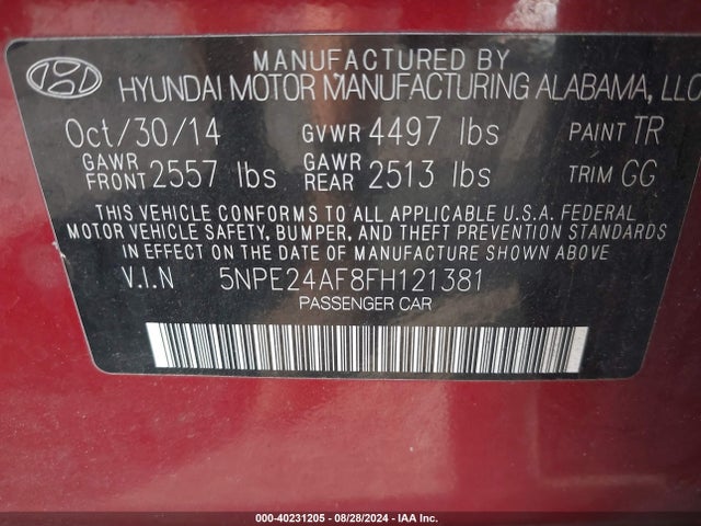 Hyundai SONATA SE 2015 5NPE24AF8FH121381 Image 9