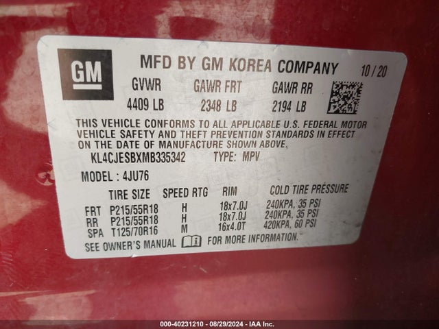 KL4CJESBXMB335342 Buick Encore Awd Preferred