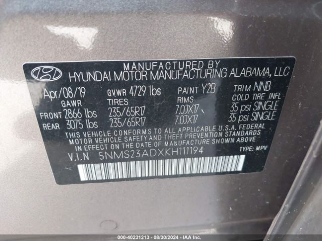 5NMS23ADXKH111194 Hyundai Santa Fe Se