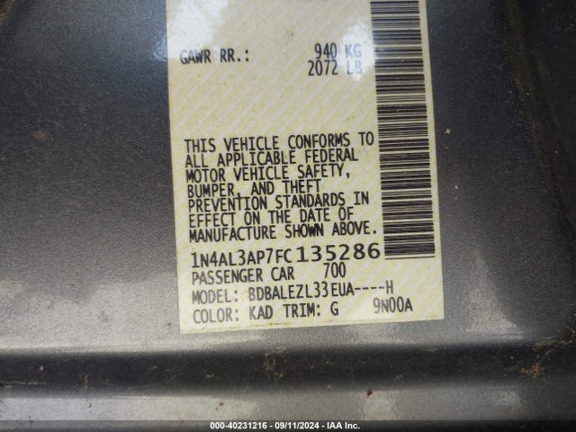 Nissan Altima 2.5 S 2015 1N4AL3AP7FC135286 Image 9