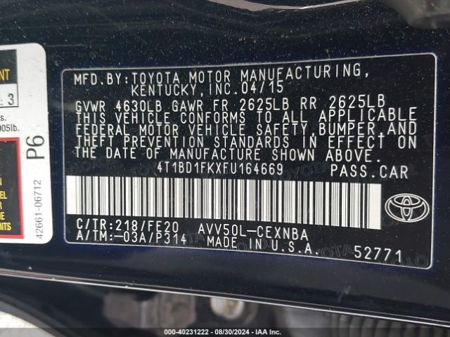 4T1BD1FKXFU164669 Toyota Camry Hybrid Le