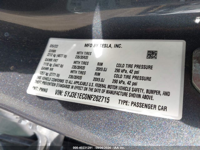 2022 TESLA MODEL 3 5YJ3E1EC0NF262715 Photo 8