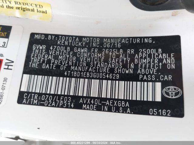 4T1BD1EB3GU054629 Toyota Avalon Hybrid Xle Premium