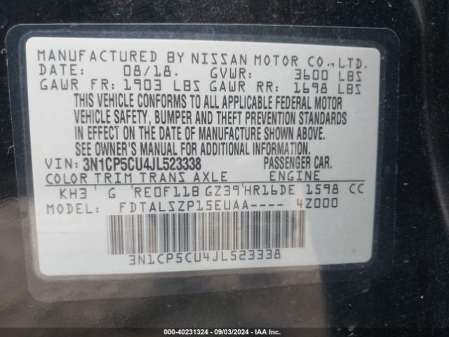 3N1CP5CU4JL523338 Nissan KICKS SV