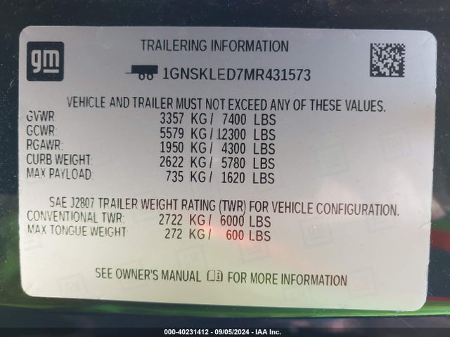 2021 CHEVROLET TAHOE 1GNSKLED7MR431573 Photo 8