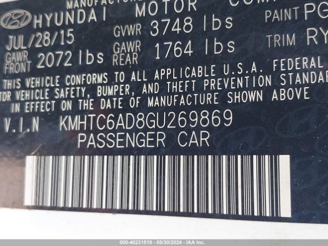 KMHTC6AD8GU269869 Hyundai Veloster