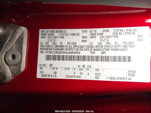 Ford ESCAPE SE 2017 1FMCU9GD3HUA93000 Image 9