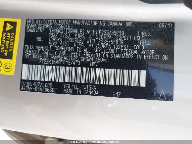 2T2ZK1BA8FC157413 Lexus RX 350