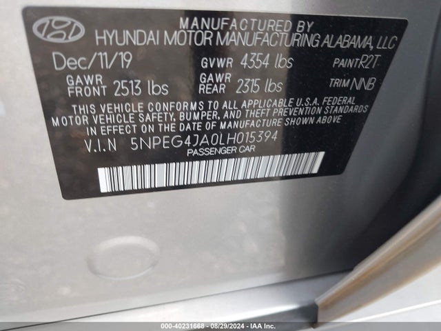 Hyundai SONATA SE 2020 5NPEG4JA0LH015394 Image 9