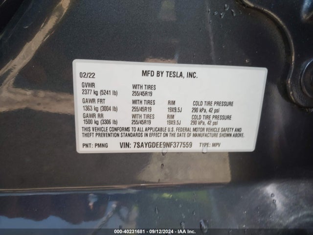 2022 TESLA MODEL Y 7SAYGDEE9NF377559 Photo 8