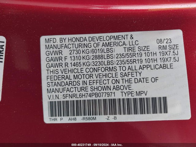Honda Odyssey Sport 2023 5FNRL6H74PB077971 Image 9