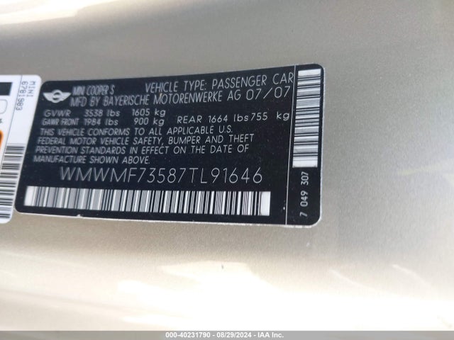 2007 MINI COOPER S WMWMF73587TL91646 Photo 8