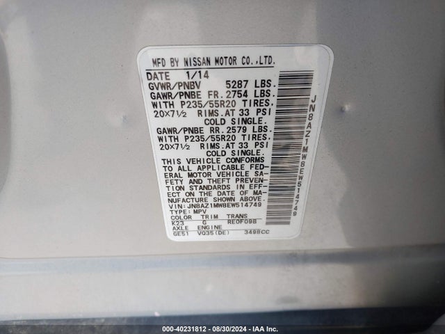 Nissan Murano Le 2014 JN8AZ1MW8EW514749 Image 9