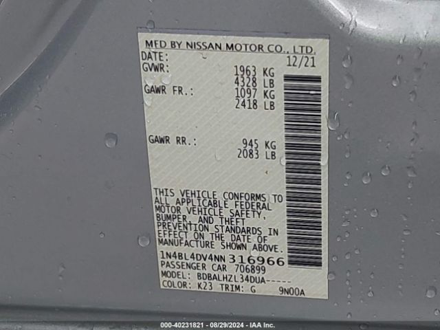 1N4BL4DV4NN316966 Nissan Altima Sv Fwd