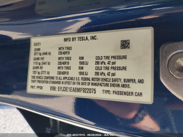 5YJ3E1EA8MF922075 Tesla Model 3 Standard Range Plus Rear-wheel Drive