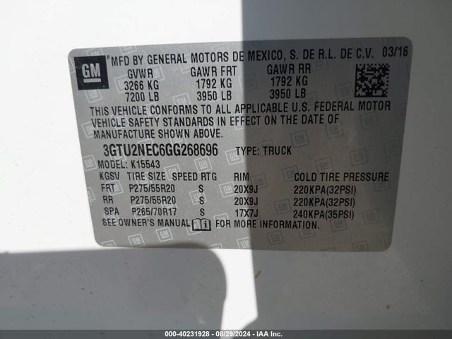 GMC Sierra 1500 Slt 2016 3GTU2NEC6GG268696 Image 9