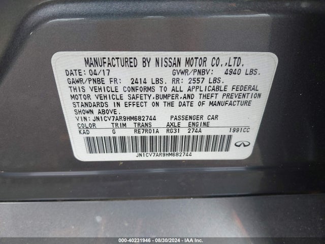 JN1CV7AR9HM682744 Infiniti Q50 2.0t Premium