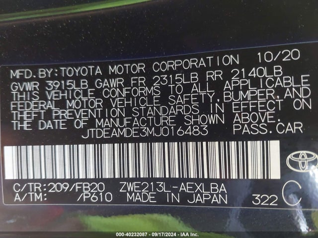 Toyota Corolla Hybrid Le 2021 JTDEAMDE3MJ016483 Image 9