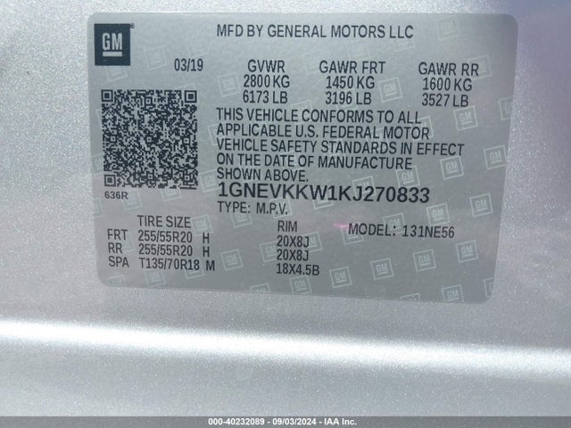 Chevrolet Traverse Premier 2019 1GNEVKKW1KJ270833 Image 9