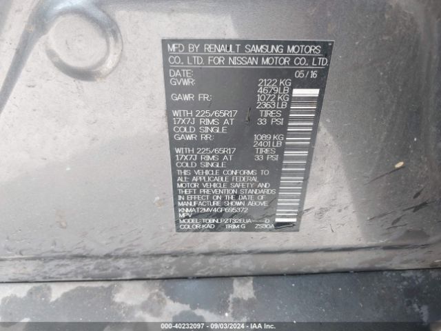 KNMAT2MV4GP695372 Nissan Rogue S/sl/sv