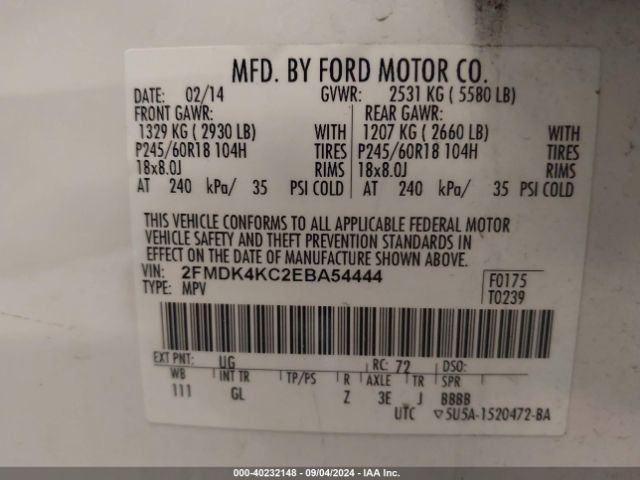 2FMDK4KC2EBA54444 Ford Edge Limited