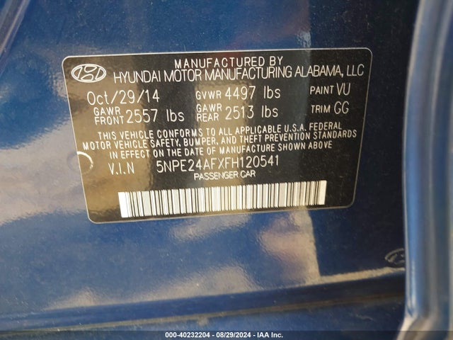 Hyundai SONATA SE 2015 5NPE24AFXFH120541 Image 9