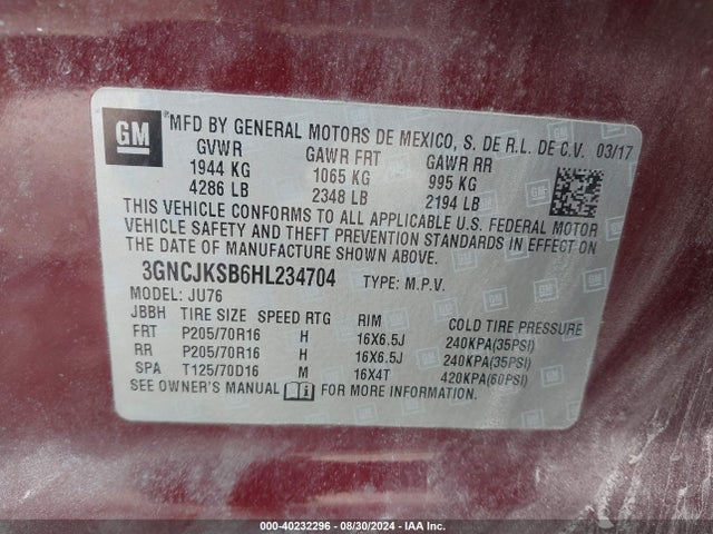 Chevrolet TRAX LS 2017 3GNCJKSB6HL234704 Image 9