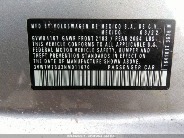 3VW7M7BU3NM011670 Volkswagen Jetta 1.5t Se