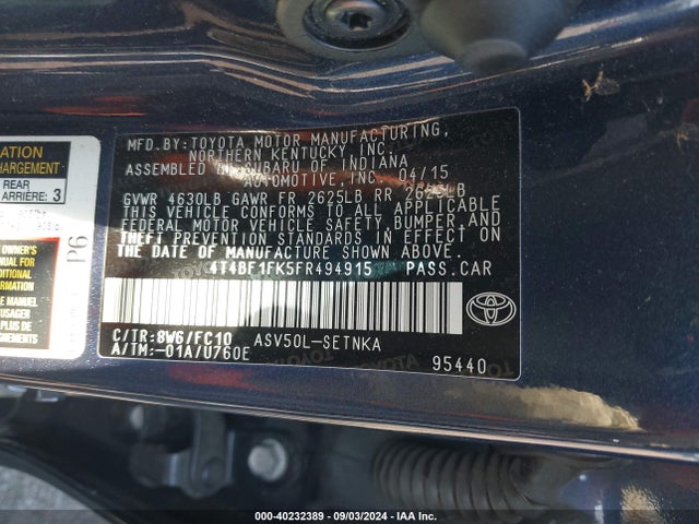 Toyota CAMRY LE 2015 4T4BF1FK5FR494915 Image 9