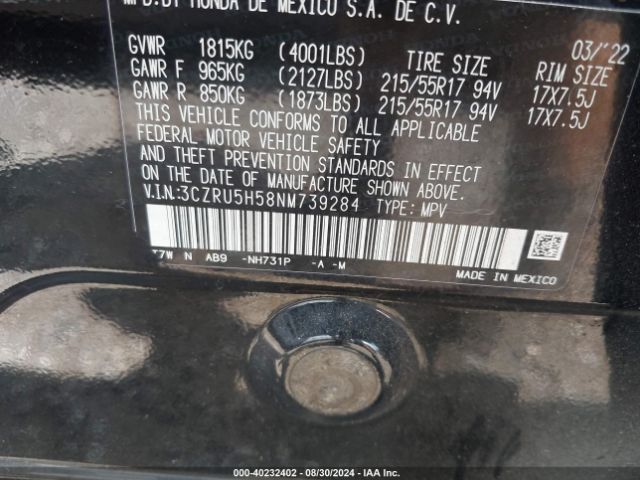 3CZRU5H58NM739284 Honda Hr-v 2wd Ex