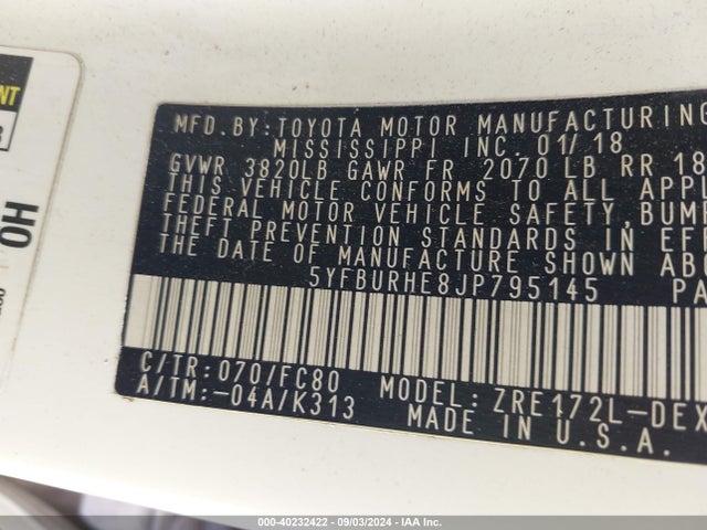 Toyota COROLLA SE 2018 5YFBURHE8JP795145 Image 9