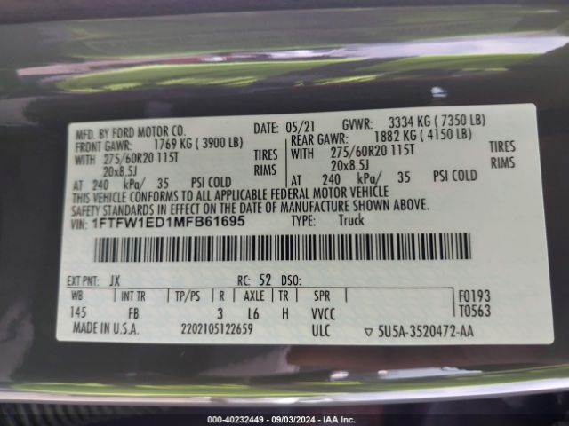 1FTFW1ED1MFB61695 Ford F-150 Xlt