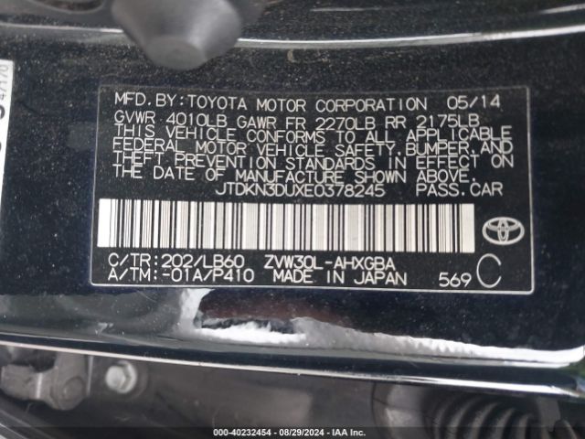 JTDKN3DUXE0378245 Toyota Prius Four