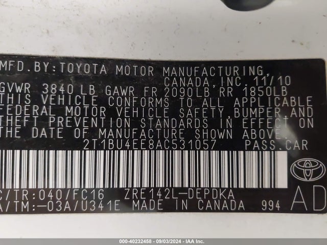 Продажа на аукционе авто 2010 Toyota Corolla Le, vin: 2T1BU4EE8AC531057, номер лота: 40232458