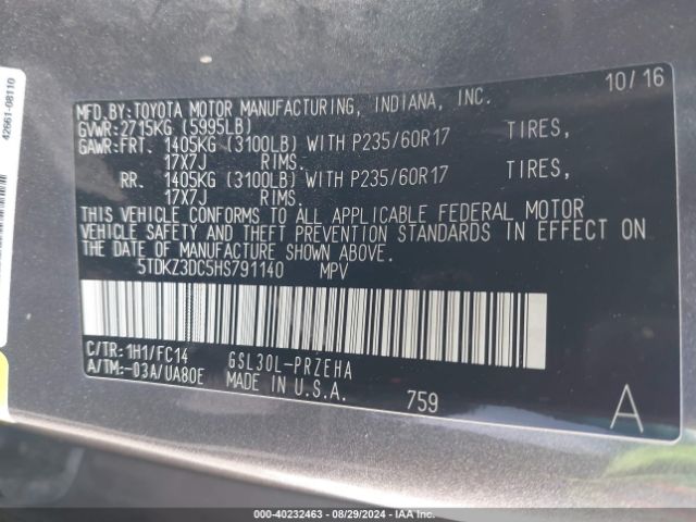 5TDKZ3DC5HS791140 Toyota Sienna Le 8 Passenger