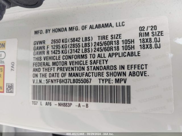 5FNYF6H37LB055067 Honda Pilot Awd Ex