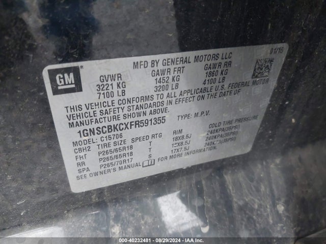 Chevrolet Tahoe Lt 2015 1GNSCBKCXFR591355 Image 9