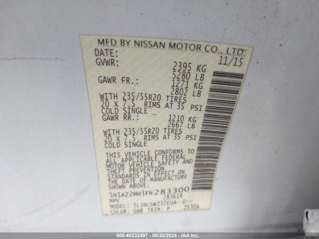 Nissan Murano Platinum 2015 5N1AZ2MH3FN283300 Image 9